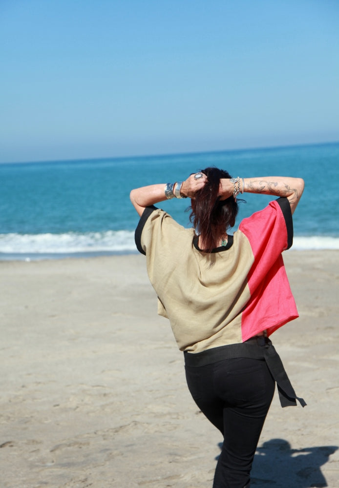 Breezy Linen Colorblock Top in Red, Black and Sandy Brown by Hello My Goddess