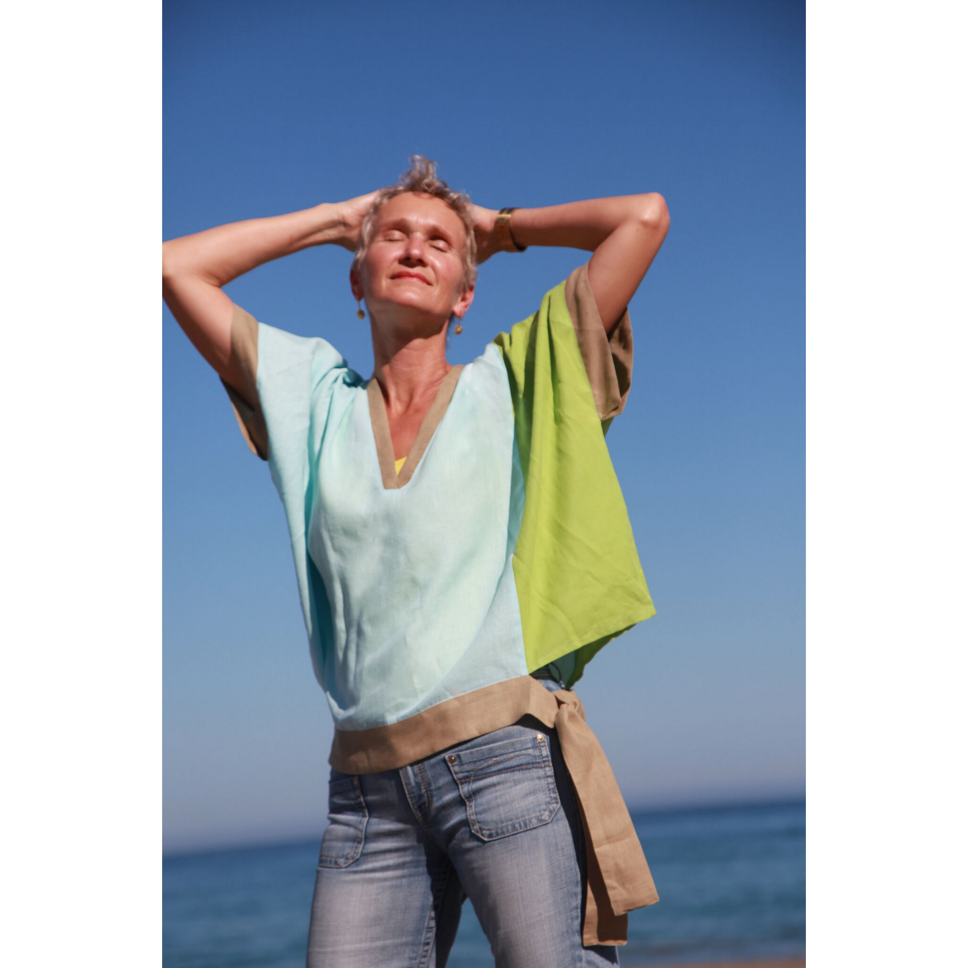 Breezy Linen Colorblock Top in Sky Blue and Lime Green by Hello My Goddess