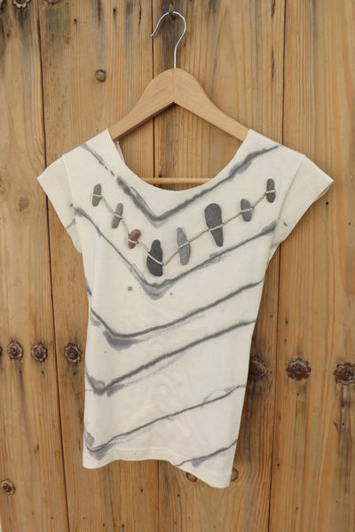 Organic Cotton T-shirt with Stones and Hand-Painted Stripes