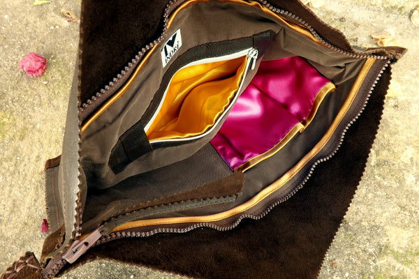 Big upcycled vintage leather clutch by Hello My Goddess (inside)