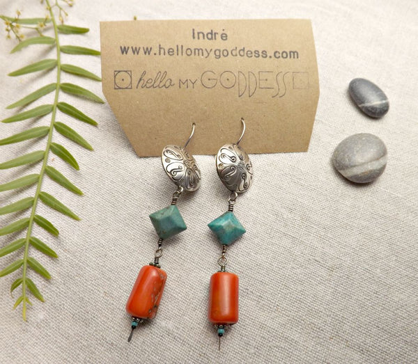 Hello My Goddess Coral , Turquoise, and Thai Hill Tribe silver statement earrings