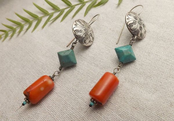 Hello My Goddess Coral , Turquoise, and Thai Hill Tribe silver statement earrings