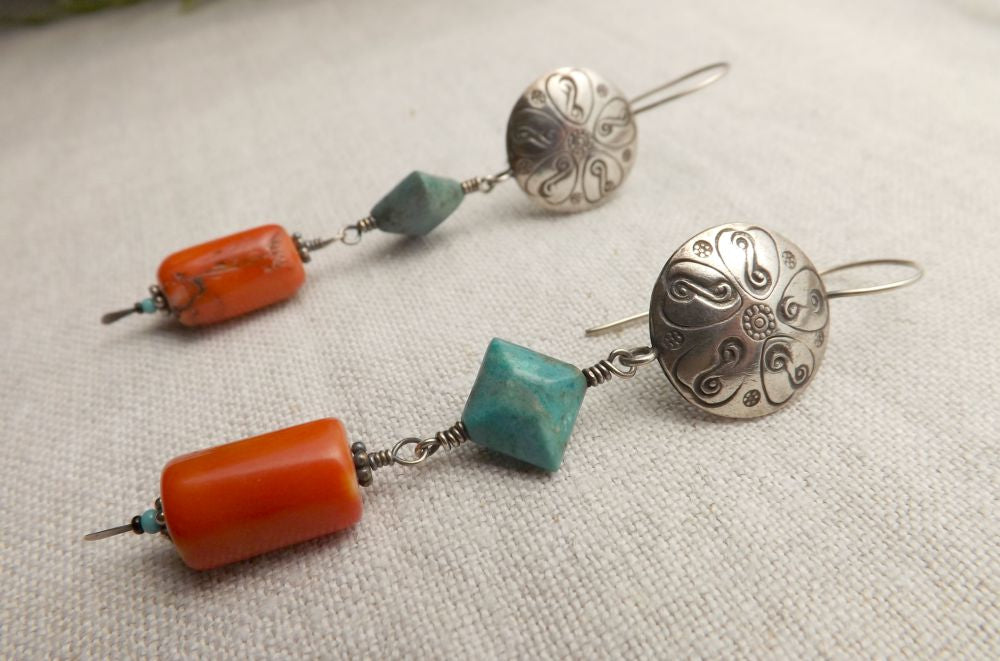 Hello My Goddess Coral , Turquoise, and Thai Hill Tribe silver statement earrings