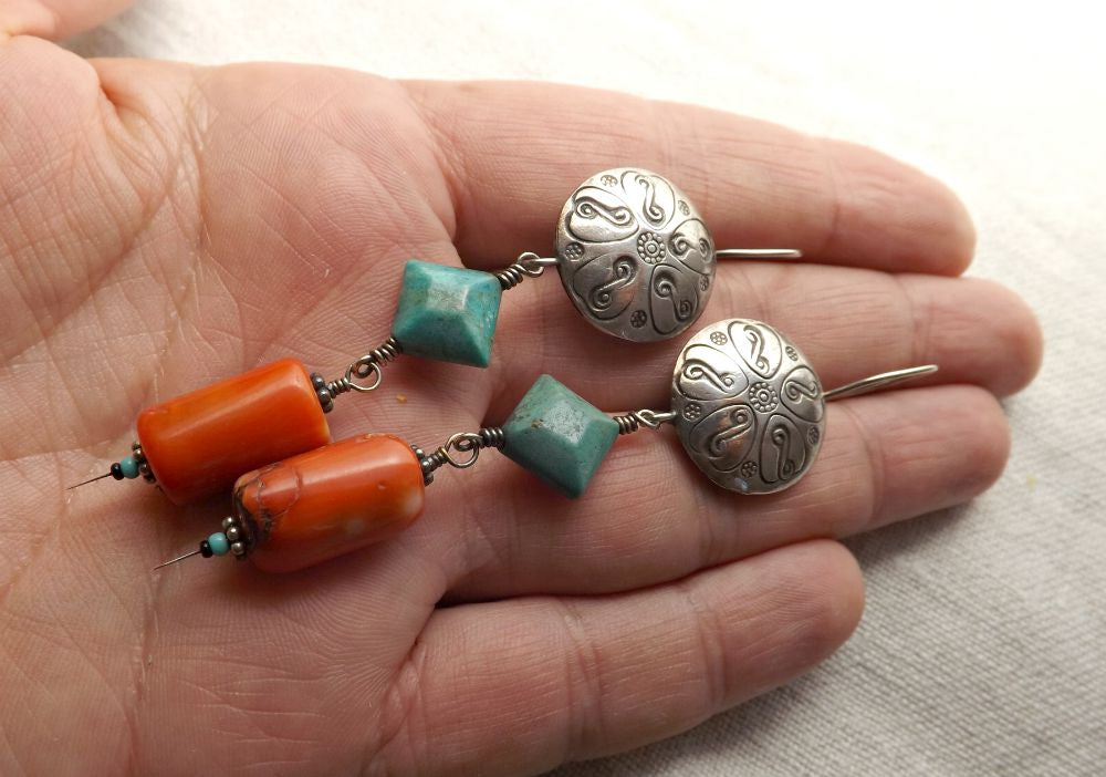 Hello My Goddess Coral , Turquoise, and Thai Hill Tribe silver statement earrings