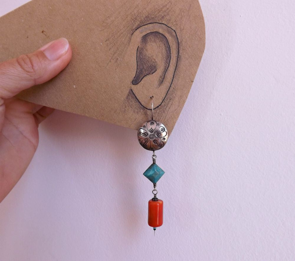 Hello My Goddess Coral , Turquoise, and Thai Hill Tribe silver statement earrings