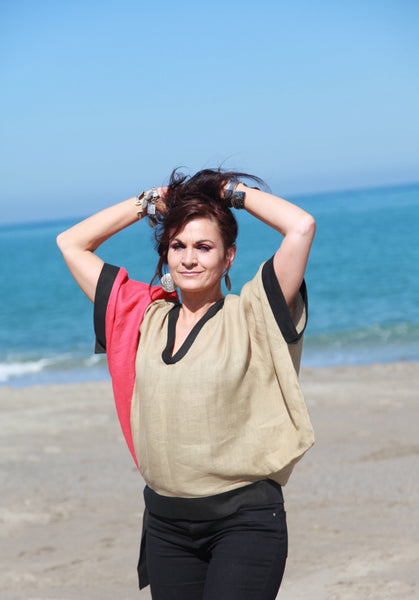 Breezy Linen Colorblock Top in Red, Black and Sandy Brown by Hello My Goddess