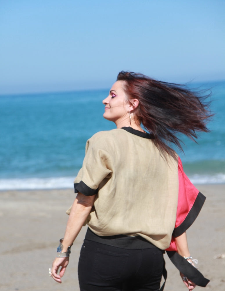 Breezy Linen Colorblock Top in Red, Black and Sandy Brown by Hello My Goddess