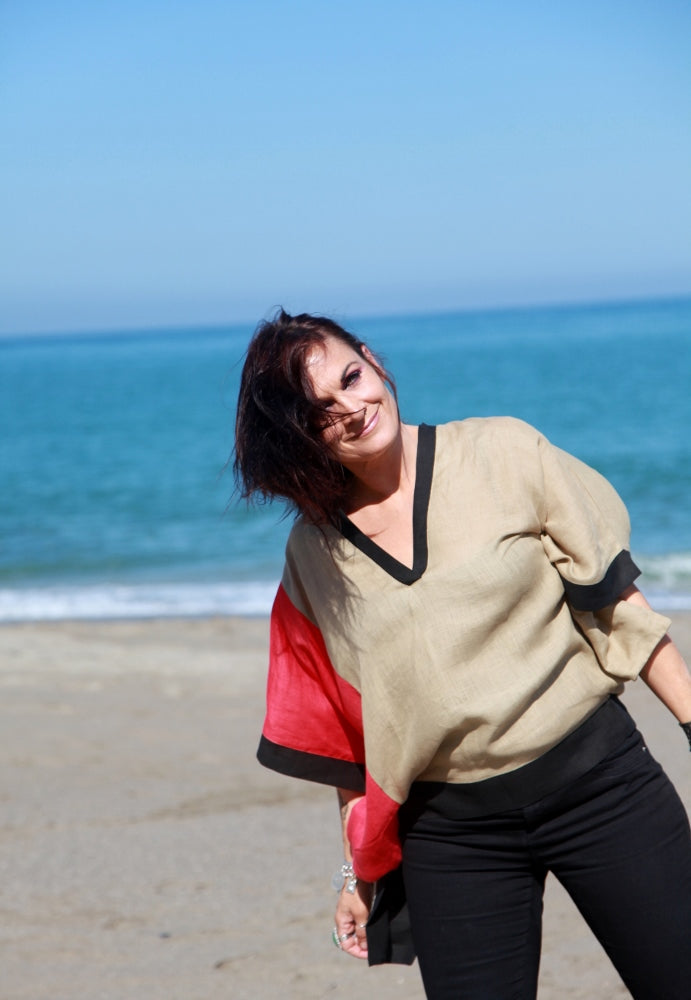 Breezy Linen Colorblock Top in Red, Black and Sandy Brown by Hello My Goddess