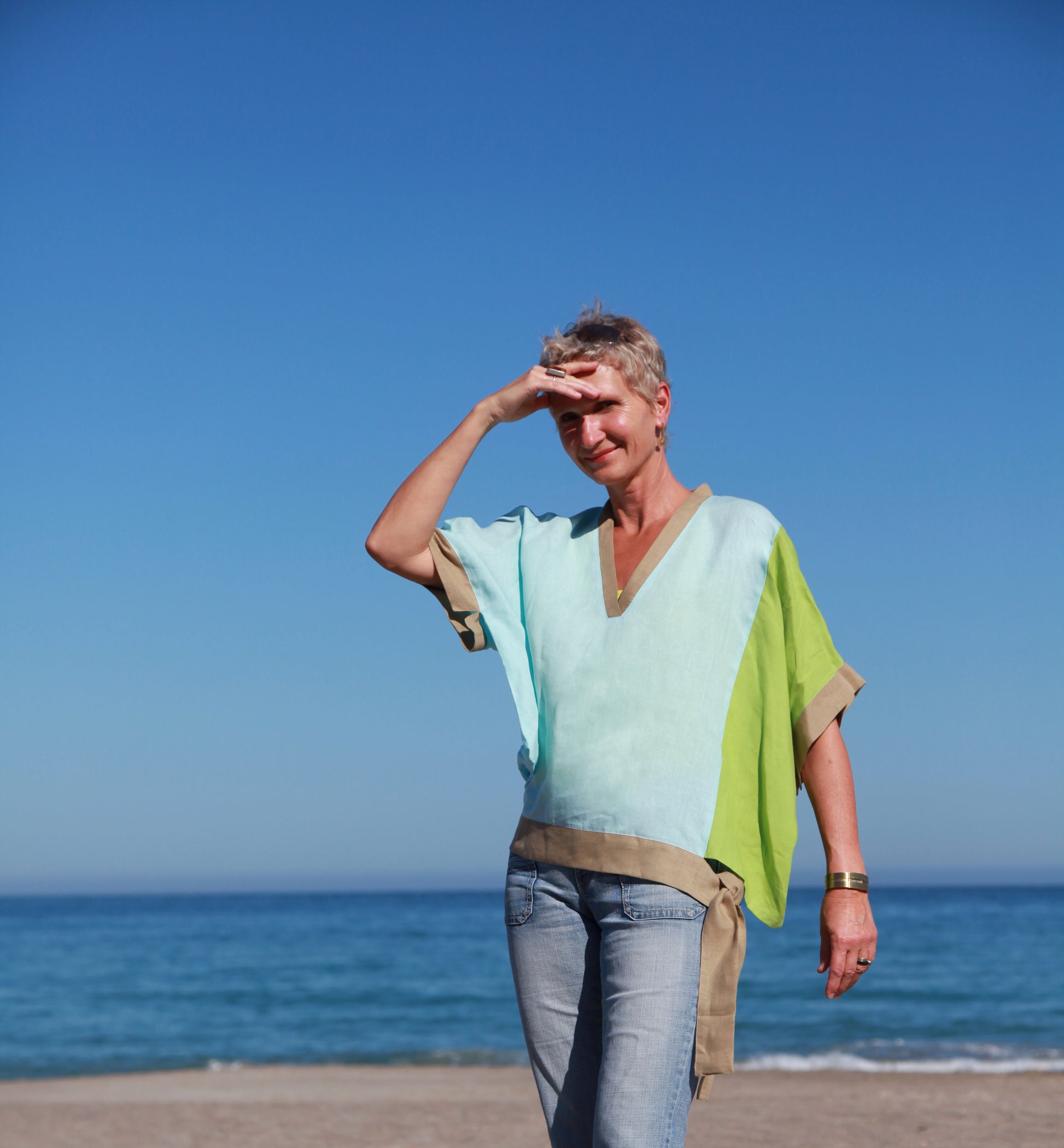 Breezy Linen Colorblock Top in Sky Blue and Lime Green by Hello My Goddess