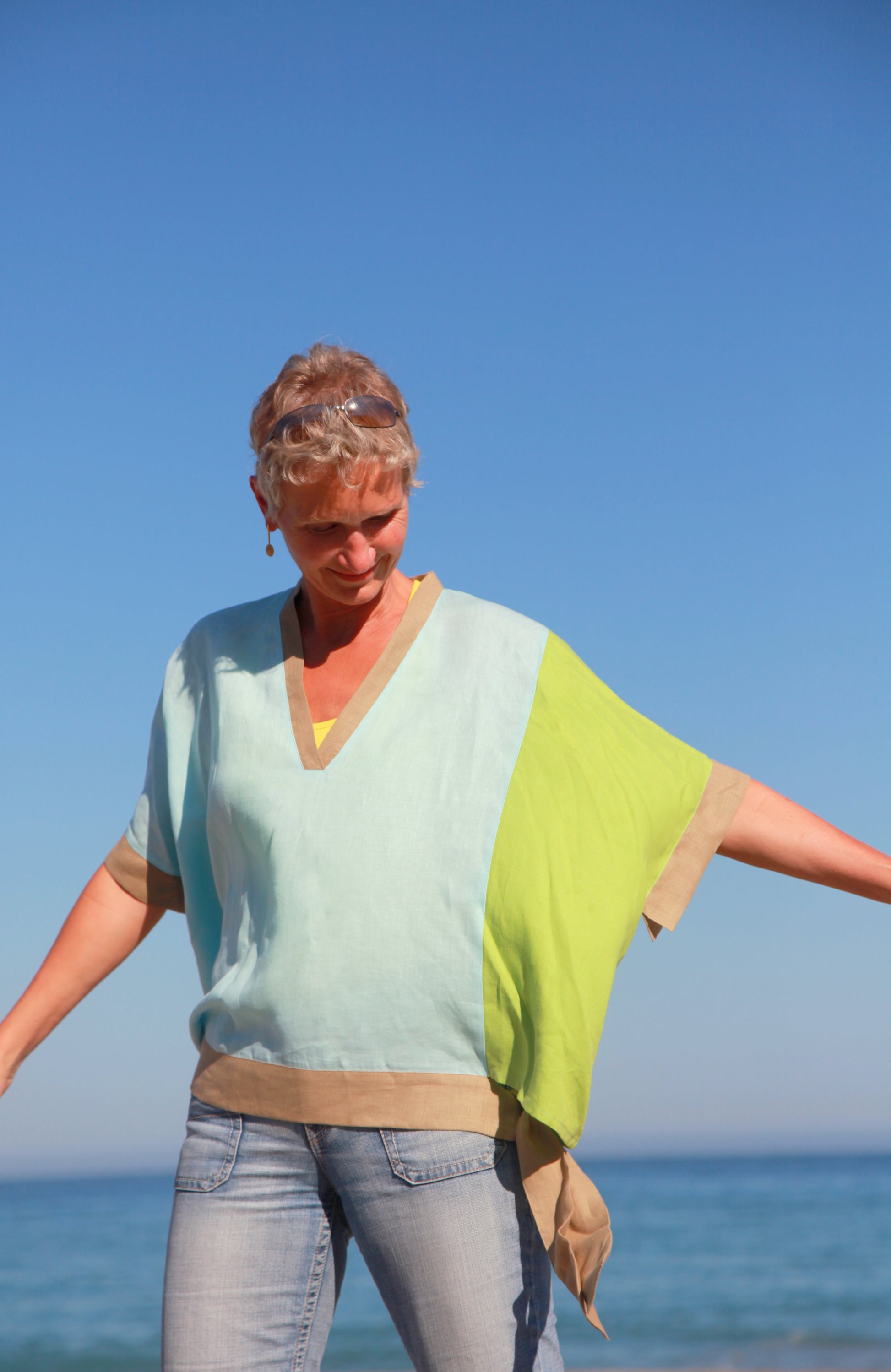 Breezy Linen Colorblock Top in Sky Blue and Lime Green by Hello My Goddess