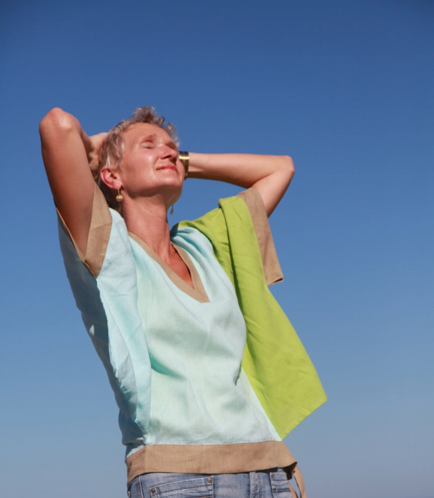 Breezy Linen Colorblock Top in Sky Blue and Lime Green by Hello My Goddess