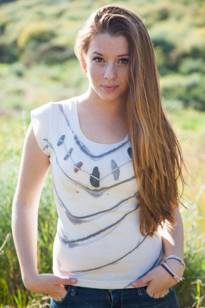 Organic Cotton T-shirt with Stones and Hand-Painted Stripes