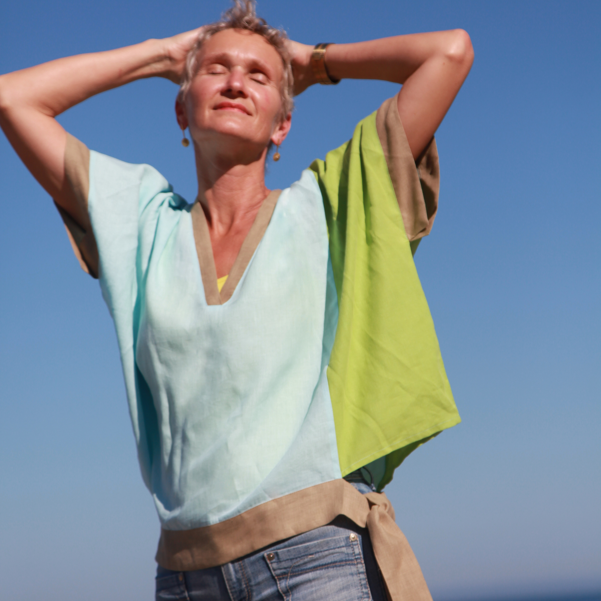 Breezy Linen Colorblock Top in Sky Blue and Lime Green by Hello My Goddess