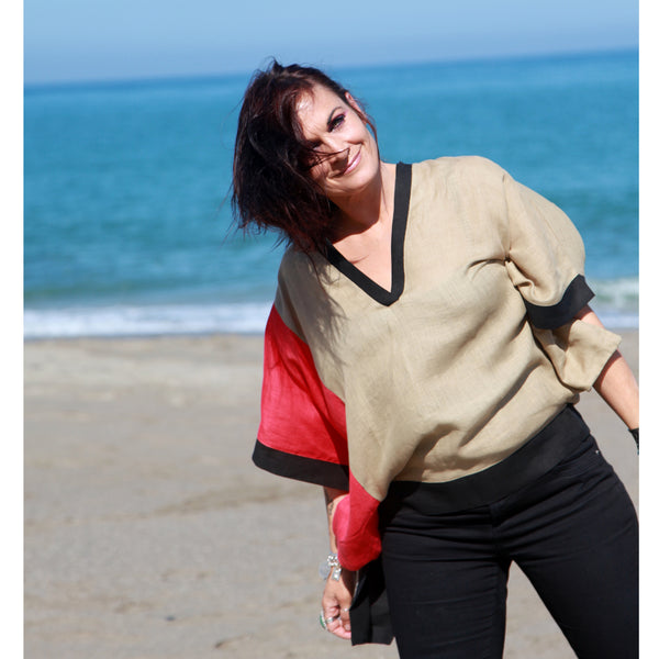 Breezy Linen Colorblock Top in Red, Black and Sandy Brown by Hello My Goddess