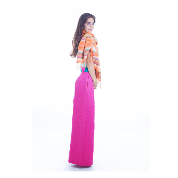 Hello My Goddess Wide Leg Linen Pants in Fuchsia (side view)