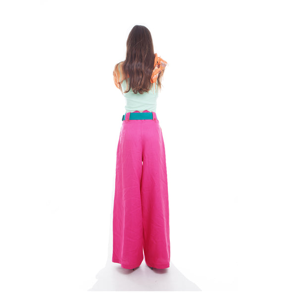 Hello My Goddess Wide Leg Linen Pants in Fuchsia (back view)
